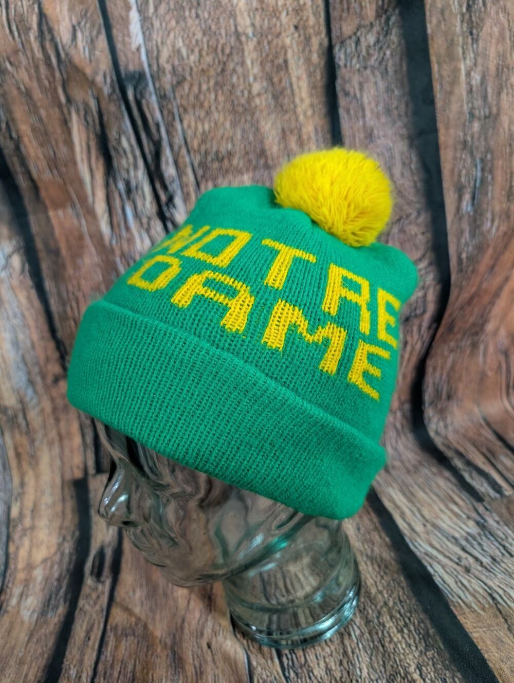 Vintage 70s/80s Green Yellow Notre Dame Ski Winter Hat Knit NCAA Cap